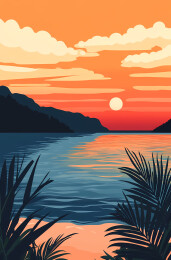 热带海滩日落景观插画