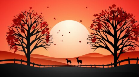 秋日夕阳下两棵树与鹿的剪影