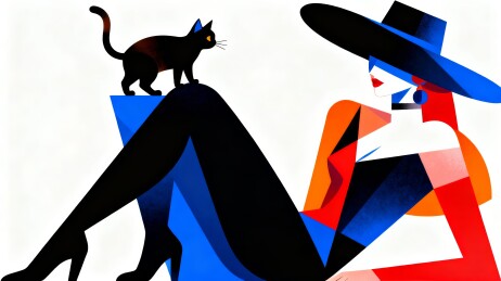 复古摩登女子与黑猫几何插画