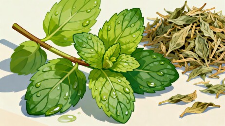 薄荷枝叶草本茶饮插画