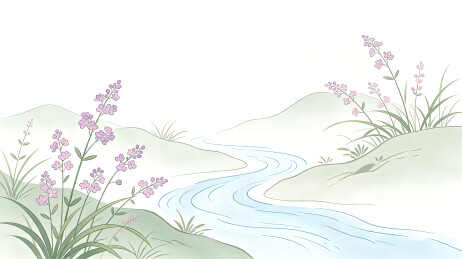 山间河畔盛放野花草木清新国风山水插画