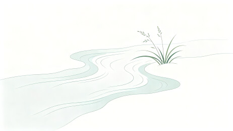 简约线条蜿蜒小河岸边青草国风插画