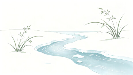 春日消融溪流岸边青草嫩芽清新国风插画