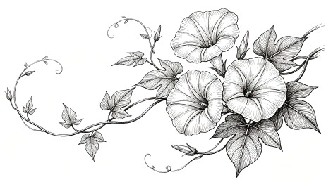精致黑白线稿牵牛花藤蔓花卉风格插画