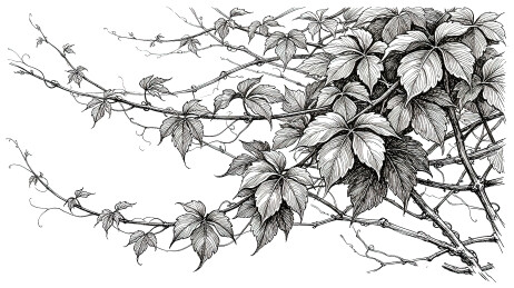 钢笔速写爬山虎藤蔓黑白细腻植物风格插画