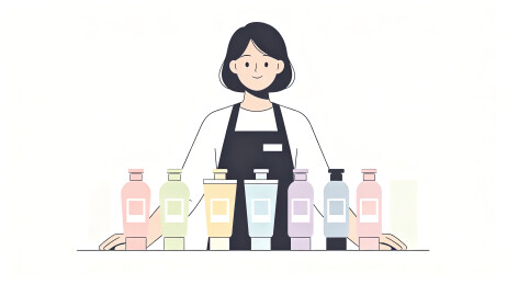 美妆店员摆放各类洗护产品简约卡通插画