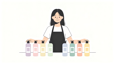 女店员身前摆放多款洗护产品微笑待客