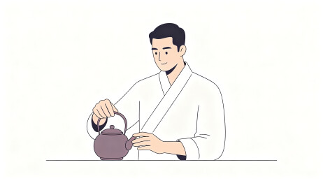 儒雅男士身着和服执壶冲泡清茶简约线稿