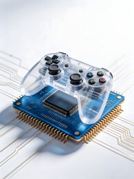 透明游戏手柄与电路板科技感展示