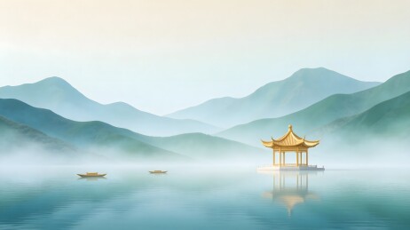 湖畔金亭雾山小舟