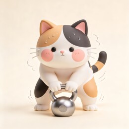 三花猫俯身提壶铃黏土风健身插画