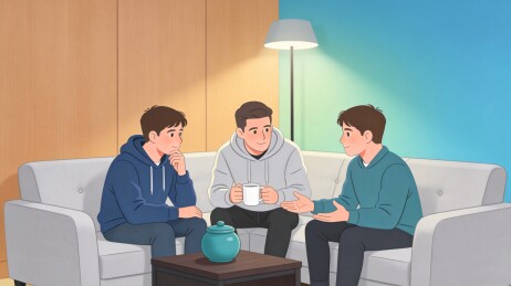 朋友在客厅沙发上交谈的温馨插画