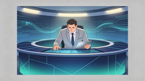 新闻主播在科技演播室操作平板电脑