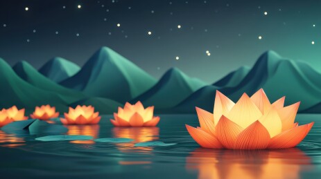 中元节许愿祈福放河灯浮灯莲花蜡烛灯场景插