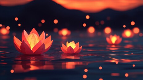 中元节许愿祈福放河灯浮灯莲花蜡烛灯场景插