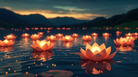 中元节许愿祈福放河灯浮灯莲花蜡烛灯场景插