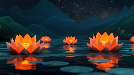 中元节许愿祈福放河灯浮灯莲花蜡烛灯场景插