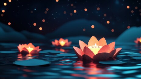 中元节许愿祈福放河灯浮灯莲花蜡烛灯场景插
