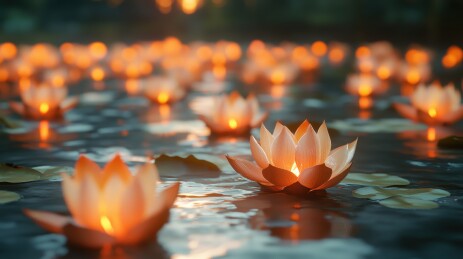 中元节许愿祈福放河灯浮灯莲花蜡烛灯场景插