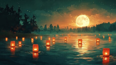 中元节祈福放河灯浮灯