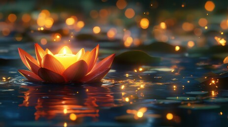 中元节许愿祈福放河灯浮灯莲花蜡烛灯场景插