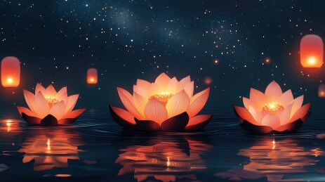中元节许愿祈福放河灯浮灯莲花蜡烛灯场景插