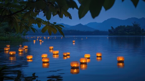 中元节祈福放河灯浮灯