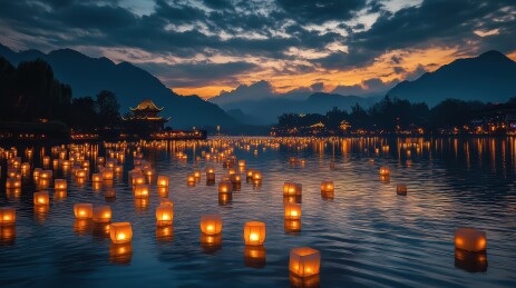 中元节祈福放河灯浮灯