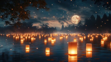 中元节祈福放河灯浮灯