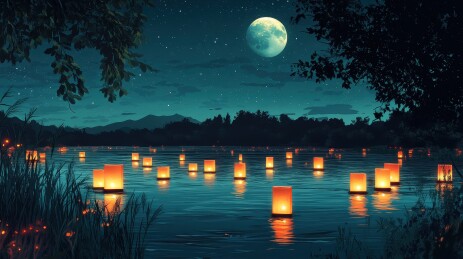 中元节祈福放河灯浮灯