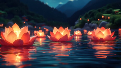 中元节许愿祈福放河灯浮灯莲花蜡烛灯场景插