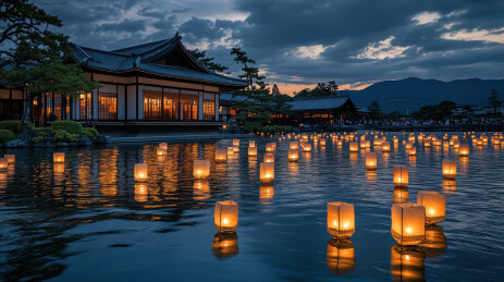 中元节祈福放河灯浮灯