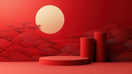 3D渲染红色新中式电商促销立体产品静物陈