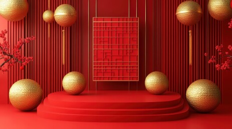 3D渲染红色新中式电商促销立体产品静物陈