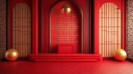 3D渲染红色新中式电商促销立体产品静物陈