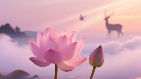 雾中莲花飞鸟与鹿影