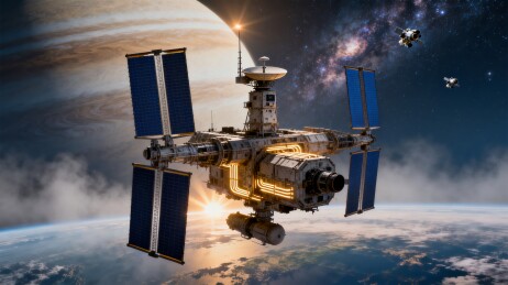 轨道空间站行星太空探索画面