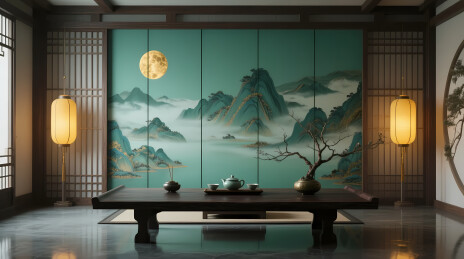 青绿山水屏风映月