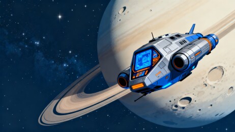 宇宙飞船航行土星太空科幻插画