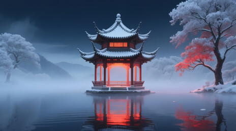橙红亭阁映寒夜