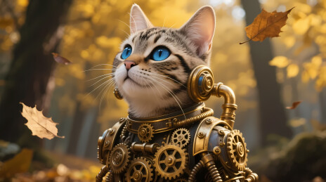 秋日森林中的齿轮机械虎斑猫