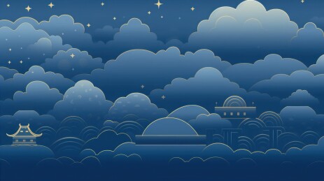 夜空云层间古建筑星辉闪烁