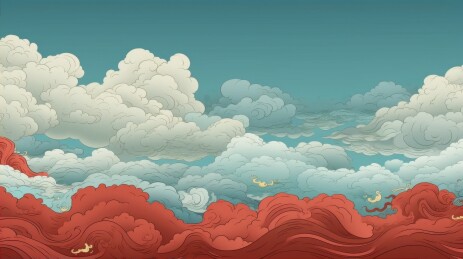 红云翻腾白雾缭绕天空画卷