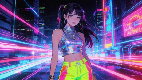 赛博都市霓虹酷飒少女插画