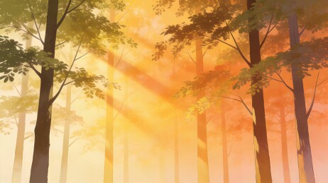 夕照树林阳光穿透林间画