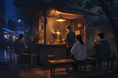 夜巷暖灯下众人围坐茶摊