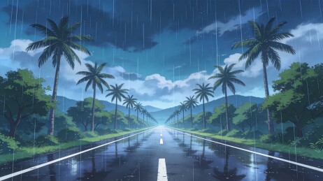 雨天椰树公路动漫风景插画