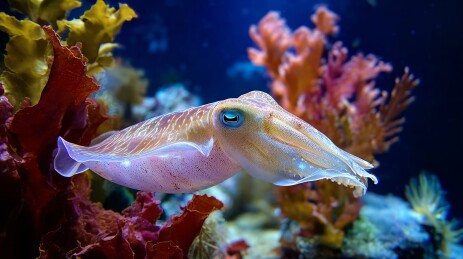 乌贼在彩色珊瑚礁中游动