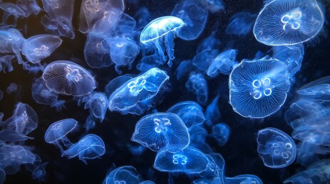 蓝色水母群在深海中漂浮游动