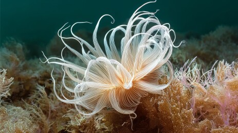 海底白色海葵随水流摆动